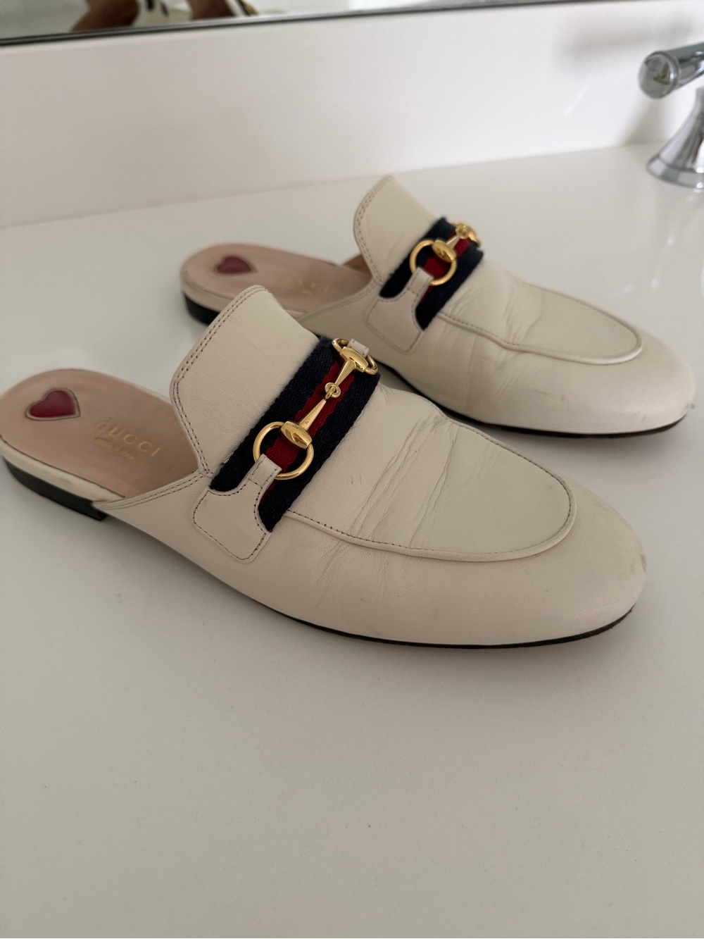 Gucci Cream Leather Horsebit Mules with Navy & Red Web